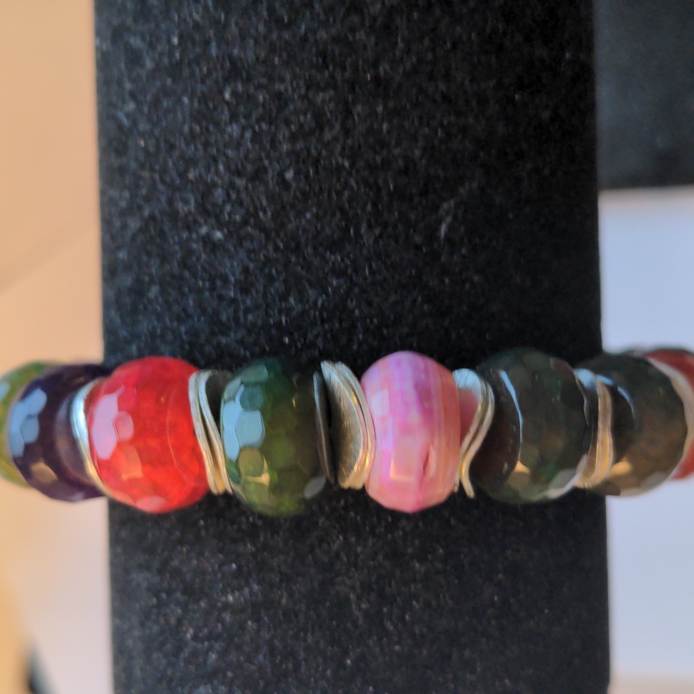 New Agate Bracelet.  Multi color, faceted.  Silver. Handcrafted.  7 1/2"+2". Box - Picture 2 of 5